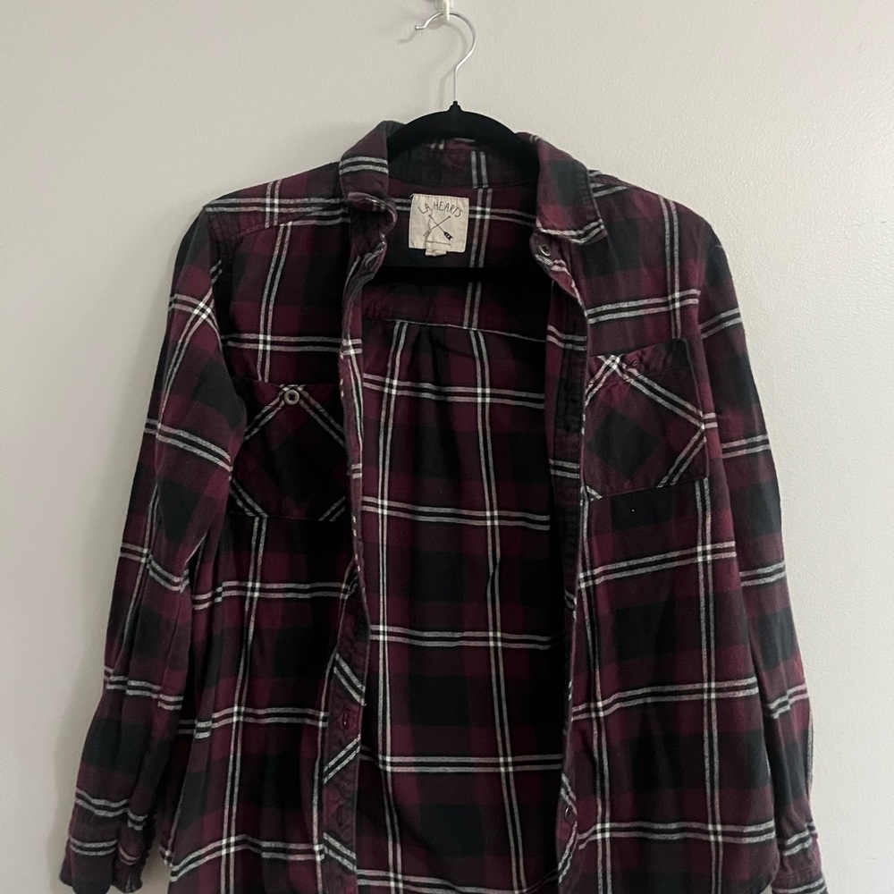 La Hearts Burgundy and Black Plaid Shirt
